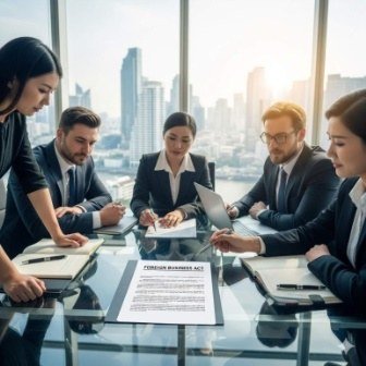 A team around a table reviewing a foreign business agreement