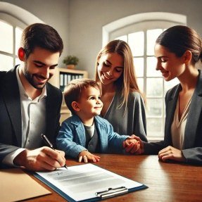 A family signing documents together at a desk