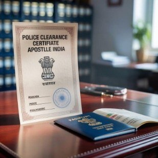 A Police Clearance Certificate with Apostille beside an Indian passport