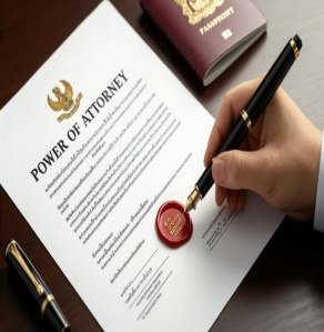 A hand signing a power of attorney with a wax seal and passport nearby