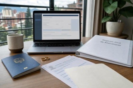 A desk with a laptop, passport and documents